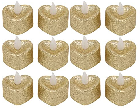 HERCHR Goldene Teelichter, 12 Stück, Goldene Flammenlose Votivkerzen, Weihnachts-Glitzer-Teelichter, LED-Teelichter in Herzform, Party, Hochzeit, Geburtstag, Tischdekoration