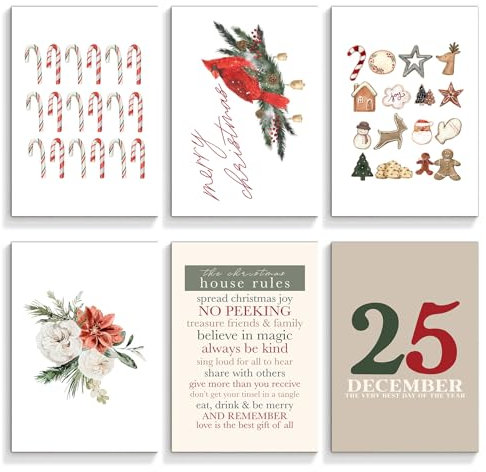 Anslivle Klassische Weihnachtsdrucke auf Leinwand, Wandkunst, 6 Stück Merry Christmas Poster für Zimmer, ästhetisch, rustikale Weihnachtsbaumbilder für Wanddekoration, Happy Cheers Urlaubsdekoration,