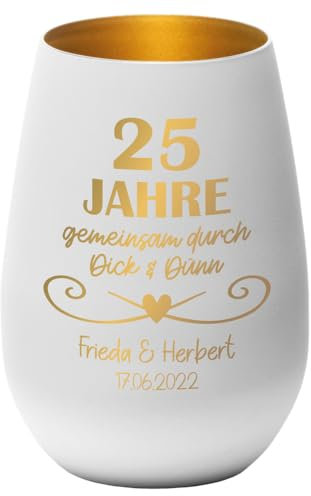 Geschenke.de Windlicht personalisiert Silberhochzeit Dick & Dünn mit Namen & Datum – Teelichthalter mit Gravur zur Silbernen Hochzeit – Geschenkidee für Eltern, Großeltern – Weiß-Gold