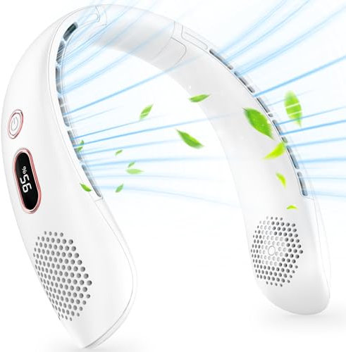 YAZEKY Ventilatore da Collo,Ventilatore Portatile,Mini Ventilatore USB Ricaricabile Silenzioso Senza Lama con LCD Display,Flusso d'Aria a 360°,3 Velocità per Ufficio,Casa,Aria Aperta (Bianco)