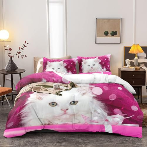 Yzehomijia Katzen Bettwäsche Set 200×200 cm,3D Katzenmuster Bettbezug,Kinder Bettbezug,1 Stück Rosa Mikrofaser Bettbezug + 2 Kissenbezüge 65×65cm (Cat1，200×200)