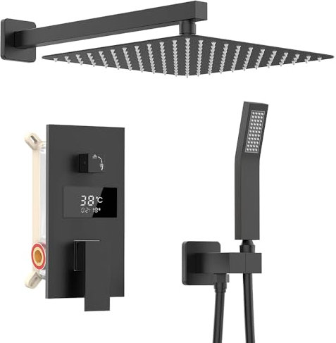 Duschsystem Schwarz Unterputz Duscharmatur Set inkl.30X30cm Kopfbrause, Duschsystem mit Temperatur LCD Display, Regendusche Schwarz, 200mm Handbrause, Messingkörper, 1.5m Brauseschlauch, 37cm Hoche