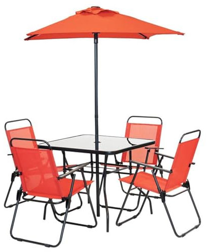 Shally Dogan Set 6 Pezzi da Pranzo per Giardino con Ombrellone, 4 Sedie Pieghevoli e 1 Tavolo con Ripiano in Vetro Temperato, Resistente Raggi UV, Arredamento per Esterno, Patio, Terrazzo (Rosso)