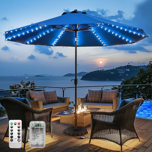 Patio Umbrella Lights Cordless 120 LED Table Umbrella Lights with Remote Control Battery Operated Waterproof Parasol String Lights for 7-11 Feet Outdoor Backyard Beach Umbrella Décor (Cold White)