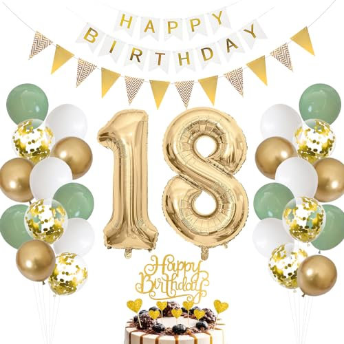 18. Geburtstag Deko: Salbeigrüne Luftballons mit Zahl 18, Grün-Weiß-Gold, Folienballons für Jungen & Mädchen, Tortendeko für 18. Geburtstag Dekoration