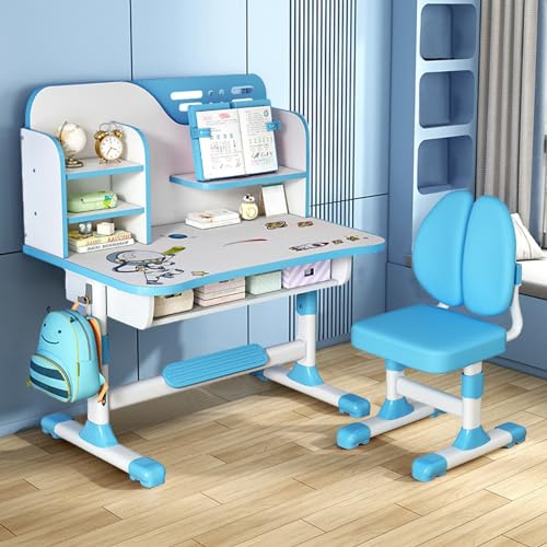 Calager Set aus Tischen und Stühlen für Kinder, Schreibtisch, Studienstuhl, höhenverstellbar, Astronauten-Motiv, erweiterte Halterung, große Schublade, Aufbewahrung, Möbel für Kinderzimmer (Rosa, Blau