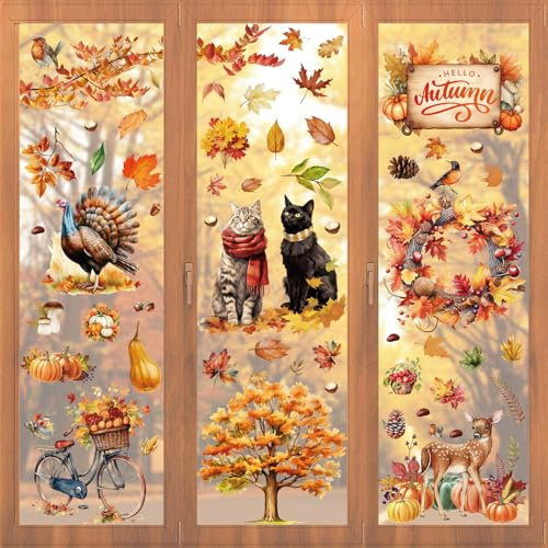 Joyoldelf 76 Stück Fensterbilder Herbst - Katze Kürbis Ahornblatt Herbstdeko Fenster Selbstklebend Aufkleber, Geeignet für Thanksgiving Herbst Deko Fenster Aufkleber