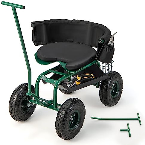 COSTWAY Siège de Jardin Roulant avec 2 Poignées de Direction, Chariot Jardinage Réglable en Hauteur avec Siège Pivotant à 360° Coussin Panier Plateau à Outils, 90 x 59 x 106 cm, Vert