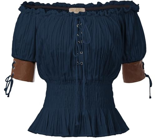 Belle Poque Women Medieval Blouse Top Short Sleeves Smocked Waist Vintage Blouse Dark Blue XL