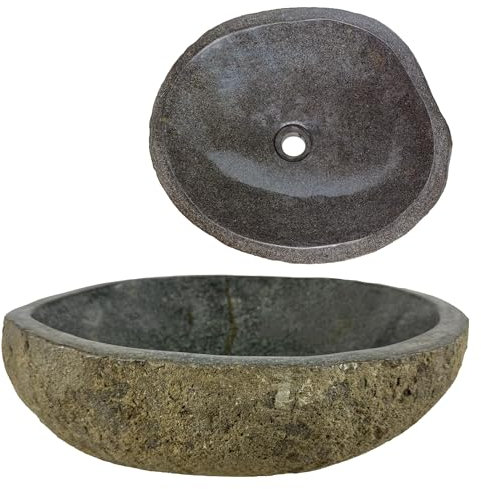 Lendo Online Lavabo Ovale en Pierre de Rivière - Pierre Naturelle - Évier de salle de bain - Vasque à Poser de Toilette - Brillant - Lave-mains moderne (Marron, 40-45x30-35cm)