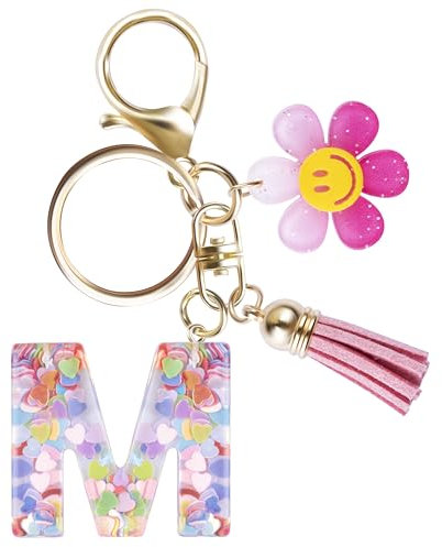 Fyshird Schlüsselanhänger Damen Schlüsselanhänger Buchstabe M mit Smiley-Blumen Quaste Autoschlüsselanhänger Taschenanhänger Geschenk für Frauen Mama Mädchen Rosa