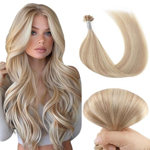 Yuniffe U Tip Hair Extensions Real Human Hair Extensions U Tip Hot Fusion Hair Extensions Remy Straight Nail Tip Keratin Real Hair Extensions Ombre Color Ash Blonde to Bleach Blonde 14 inch 50g/50s
