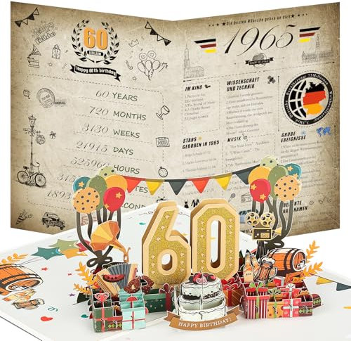 Joyoldelf 60. Geburtstagskarte, 1965 Jahrgang Zeitung Geburtstag Karte, 3D Pop Up Grußkarten mit Umschlag, Vintage Geburtstag Geschenke für Mann und Frau
