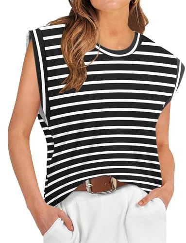 WNEEDU Tank Top Damen Sommer T-Shirt Ärmellose Rundhals Top Locker Basic Bluse Shirt Oberteile mit Flügelärmeln Schwarz Weiße Streifen XL