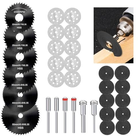 32Pcs Mini Scheiben Kompatibel,Kreissägeblätter Set,Dre-mel trennscheibe, HSS Kreissägeblätter mit 1/8 Zoll Schaft für Schneiden von Holz, Kunststoff und Metall