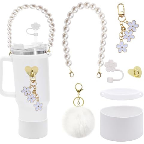 7PCS Stanley Cup Zubehör Set,1 Tragegurt, 1 Trinkflaschenhalter, 1 Strohhalmhalter, 1 Bommel, 1 Gänseblümchen-Schlüsselanhänger, 1 Herzhaken und 1 Henkelbecherhalter,für Stanley Cup