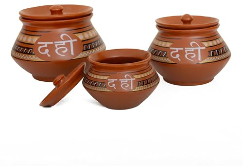 Set of 3 Decorative Ceramic Dahi Handi Yoghurt Curd Serving Bowl Pot Storage Container With Lid, Indian Porcelain Clay Pot For Lassi & Desserts, Microwave & Dishwasher Food Safe, Brown, Rustic Decor