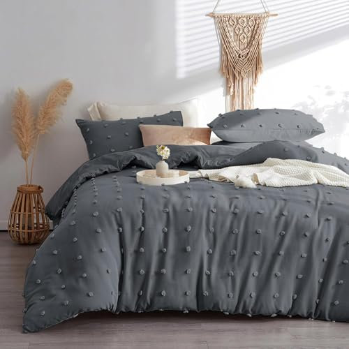 Tospass Boho Bettwäsche 135x200cm Grau Getuftet Stickerei Pom Pom Böhmen Chic Bettwäsche Gewaschene Microfaser Weiche Bettwaren-Sets 1 Bettbezug mit Reißverschluss und 1 Kissenbezug 80x80cm