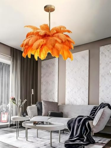 Feder-Kronleuchter, Orange-Flauschiger Lampenschirm Modernes LED-Pendelleuchte 6-Lichter 4500K, Naturel Feder-Deckenleuchte, für Wohnzimmer Schlafzimmer Kinderzimmer Home Creative Decor, φ-85cm
