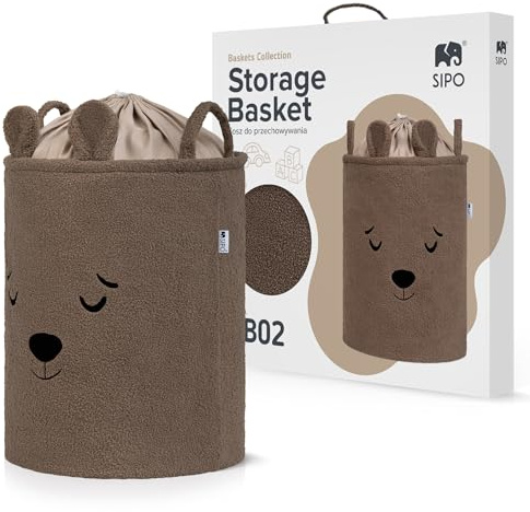SIPO Großer 43L Spielzeugkorb fürs Kinderzimmer, faltbar XL Bouclé – Aufbewahrungskorb mit Kordelzugverschluss, Premium-Organizer für Babys, Braun Teddybär