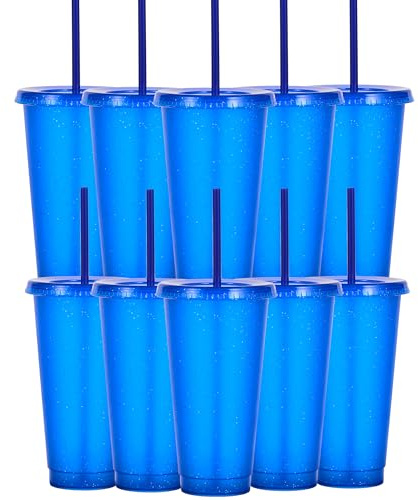 Yisituo Lot de 10 gobelets en plastique de 710 ml avec couvercle et paille, pour adultes et enfants, réutilisables, parfaits pour les fêtes, la plage et la piscine (10, bleu marine)
