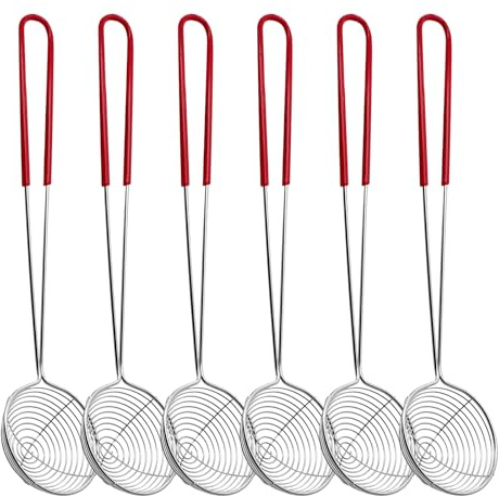 Piuluvor® 6 Stück Fondue Sieb Edelstahl Küchensieb Klein mit Griffen, Schaumlöffel 27,5 × 6,5 cm Hot Pot Sieblöffel, Rot Fonduesieb für Haus und Restaurant