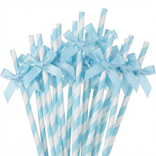 30Pcs Blue Bow Paper Straws for Drinking, Cute Blue Bow Party Straws Bulk for Juice Coffee Tea Cocktail Milkshake, Summer Pastel Theme Party Supplies for Birthday Wedding Picnic