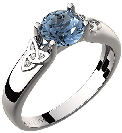 GWG Jewellery Anillo Celta Plata de Ley Piedra Grande de Color Aguamarina Azul Marino Adornado con Nudos de Trinidad Incrustados con Cristales - 5 en Caja de Regalo para Mujeres