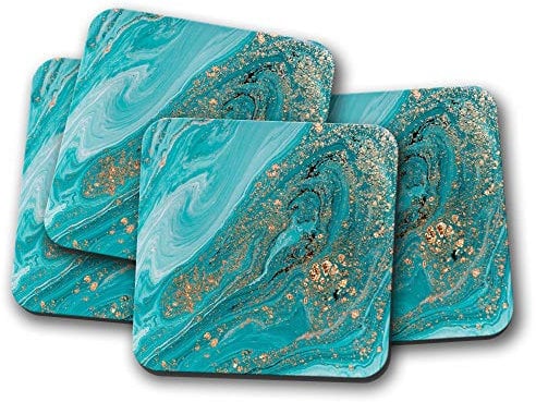 Lot de 4 dessous-de-verre en MDF effet marbre turquoise – Encre bleu sarcelle doré #15196