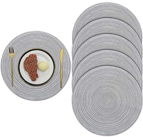 Pauwer Baumwolle 38cm/15inch Runde Platzsets Set von 6 Abwaschbar Hitzebeständig Gewebte Tischsets rutschfest Platzdeckchen für Küche Speisetisch(Grau, 38cm)