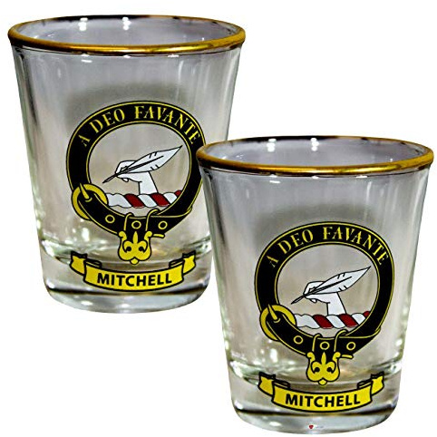 I LUV LTD Shot Glass Wee Dram Mitchell Clan Crest Set of 2 Whisky Tots