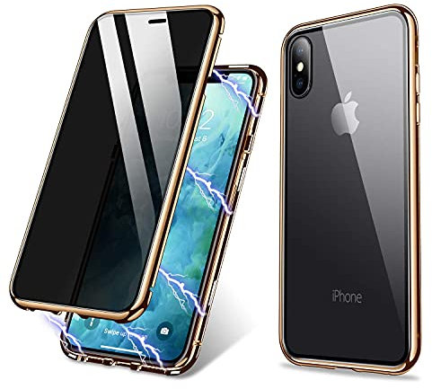 ZHIKE Phone Case Compatible with iPhone Xs Max, Anti-Peep Magnetic Adsorption Case Front and Back Tempered Glass Full Screen Coverage One-piece Design Flip Privacy Cover (Golden)
