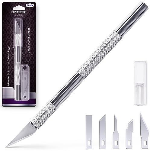 Filzada® Cutter di precisione con 5 lame di Taglierino (diferentes formas) - Bisturi modellismo/taglierino di precisione/Knife in argento per tagliare carta, modelli, pellicola per finestre, tessuti