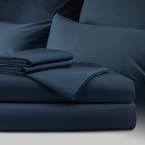 bo&button® Luxus Mako Satin Bettwäsche Set, 100% Bio Baumwolle (Long Staple 300), ALLE GRÖßEN, seidig weich & zeitlos schön, Set 200x220 cm + (2X) 80x80 cm (3-TLG.) - Navy Blau