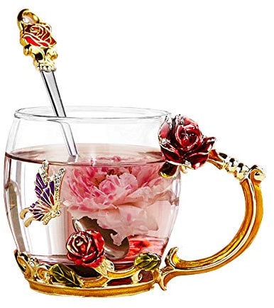 Flower Tea Cup, Handmade Glass Enamel Coffee Mugs with Spoon Enamel Glass Mug for Women Birthday Valentines Wedding