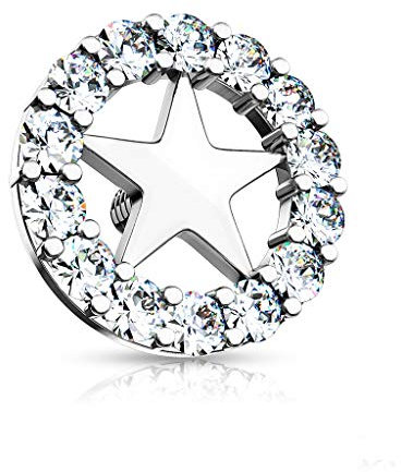 Paula & Fritz® Aufsatz-Dermal Anchor Stern im Zirkonia-Ring Silber/klar 316L Chirurgenstahl Gewinde 1,6-mm Haut-Anker Skin Diver Implantat Bodypiercing