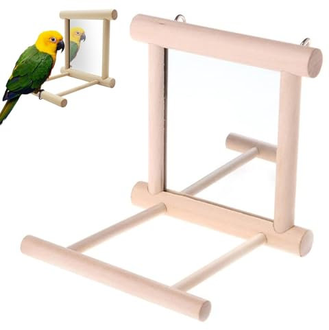 Holzspiegel mit Landeplatz, Spiegel mit Holzrahmen, Holzspiegel mit Glocke, Holz Vogel Papageien Spaß Spielzeug Mit Spiegel, Käfig Stehen Für Vögel Papagei Spielzeug Haustier Spielzeug Zubehör