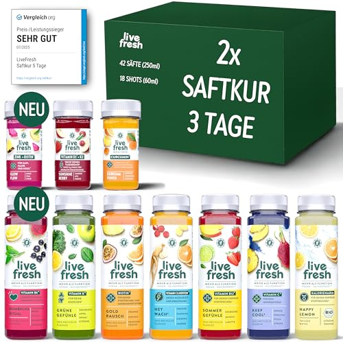 LiveFresh 2x Saftkur 3 Tage – 42 Säfte (250ml) & 18 Shots (60ml) kaltgepresst¹ – 743 Kalorien pro Tag