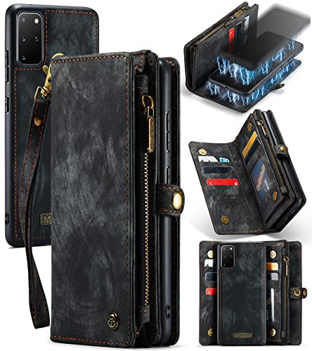 UFinetech 2-in-1 Samsung Galaxy S20 Plus Hülle Handy Tasche Leder TPU Flip Magnetisch Ständer Kartenfach Reißverschluss Retro Luxus Abnehmbar Samsung Galaxy S20+ 5G Cover Wallet 2021 mit Band Schwarz