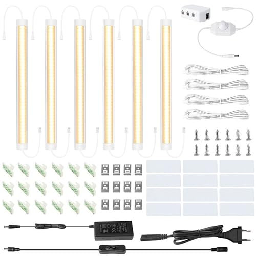 LABOREDUCER Schrankbeleuchtung Unterbauleuchte Küche LED 6 Stück mit Stecker,30CM Dimmbare Schranklicht Schrankleuchten Schalter Nachtlicht für Küche,Schrank,Kleiderschrank,Vitrine 2700K Warm Weiß