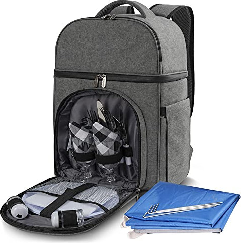 Vogano Picknickrucksack & Zubehör - Isoliertes Picknick-Set für 2 Personen mit zwei Fächern, leichte Decke, Besteckset, für Brautpaare und Geschenke Grau