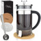 Milu French Press Kaffeebereiter | 350ml, 600ml, 1L | Glas Kaffeepresse, Kaffeezubereiter für Zuhause Reisen Camping inkl. Untersetzer, Löffel, Ersatzfilter (Edelstahl, 350ml (2 Tassen)