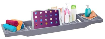 HMWD Natural 100% Bamboo Bath Caddy Bridge, Luxury Home Spa Bath Tray, Bamboo Wood Over Tub Storage Rack, 100% Natural Sustainable with Rubber Grips-70 x 14.5 x 4.5 cm (Grey)
