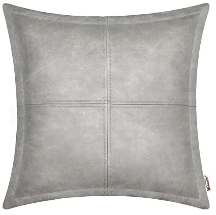 BRAWARM Graues Leder-Kissenbezug, 45,7 x 45,7 cm, Kunstleder-Kissenbezug mit Paspel, handgenäht, dekorative Zierkissenbezüge für Couch, Sofa, Bett, Wohnzimmer, Garten