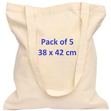 EXPERTEX Plain Tote Bags made with Premium Quality 100% Natural Cotton Blank Canvas for shopping, Grocery, Paint, Decorate, Art & Craft: Size 38X42 CM with 70CM Long Handle (Pack of 5-Natural)