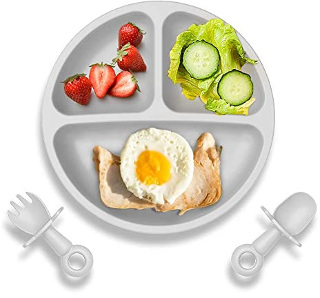 Weeme Babyteller Kinderteller mit Saugnapf,Silikon Rutschfester Kinderteller,Kleinkinder Teller mit Löffel Gabel,197 * 34mm Babyteller BPA Frei,Baby Tischset für Baby Kleinkind und Kinder (Grau)