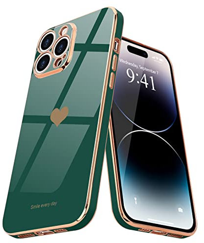 Teageo for iPhone 14 Pro Case Cute Heart Pattern for Women Girls Slim Luxury Bling Plating Soft TPU Anti-Scratch Shockproof Bumper Phone Case for iPhone 14 Pro, Blackish Green