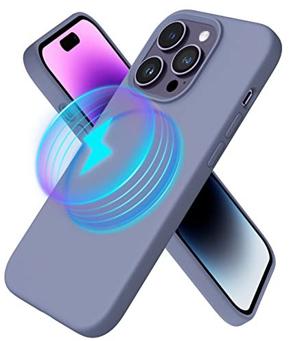 ORNARTO Magnetic Case for iPhone 14 Pro Max 6.7 Compatible with MagSafe, with 1 Pack Tempered Glass Screen Protector, Slim Liquid Silicone 3 Layers Full Covered Soft Gel Rubber Cover-Lavender Grey