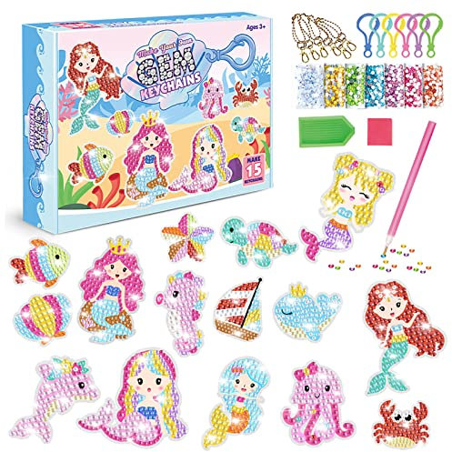 TOYESS 15 PCS Diamant Painting Kinder Set, DIY 5D Diamond Painting Schlüsselanhänger Mit Diamanten, Acrylplatten und Sonstiges Zubehör, Geschenk Mädchen für 6 7 8 9 10 11 12 Jahre, Meerjungfrau