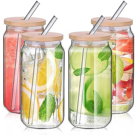 alouweekuky 4 Stück Cocktailgläser, 500ml Glas mit Deckel und Strohhalm, Kaffeetasse, Trinkgläser in Dosenform, Iced Coffee Glas